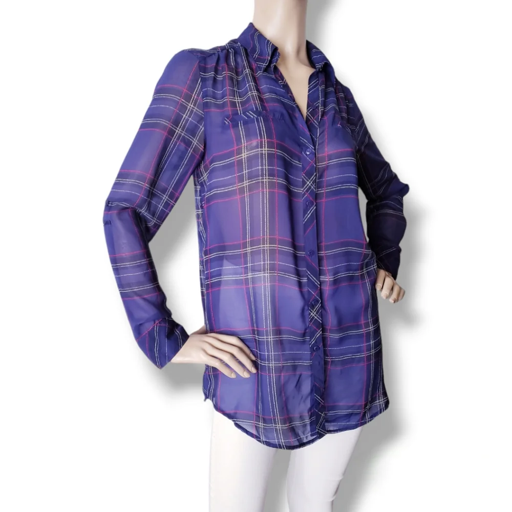 Guess Purple & Pink Plaid Print Chiffon Sheer Long Sleeve Blouse Size Small - Picture 3 of 8